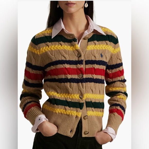 Polo Ralph Lauren Striped Cable Wool-Cashmere Cardigan Size XS - Picture 1 of 9